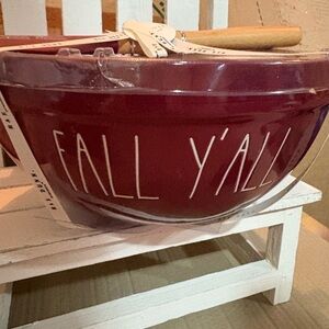 Rae Dunn Red Fall Y’all Mixing Bowl with Fall Design and Wooden Spoon